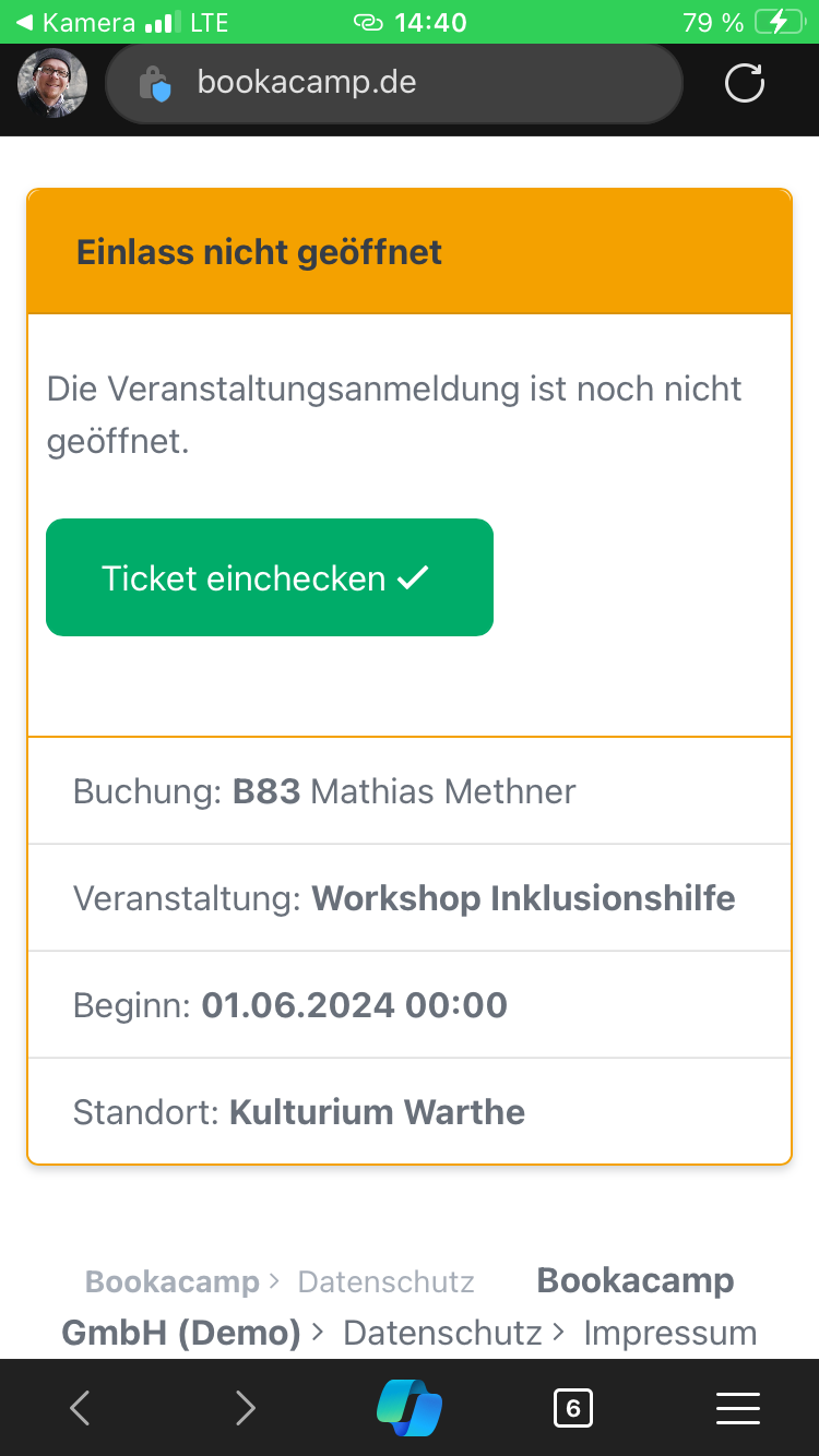 Screenshot Ticket einchecken